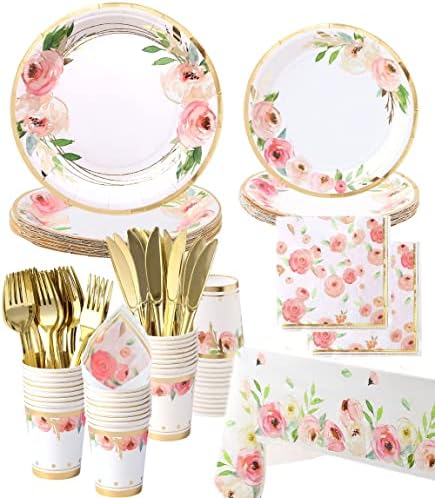 Luxury Floral Paper Plates and Napkins Party Supplies - Serves 16 - Pink and Gold Flower Decoration for Floral Baby Shower Bridal Shower Tea Party Birthday by WinooDesign