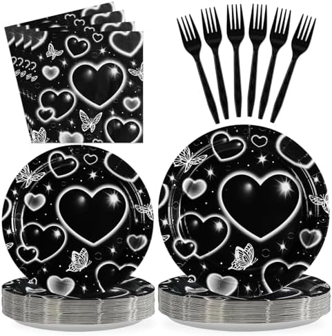 Grencian 96Pcs 2000s Black Heart Y2k Party Themed Decorations, Serve 24 by Grencian