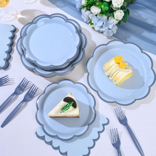 96 Pcs Blue Scalloped Paper Plates and Napkins Set Serve for 24 Guests - Image 3