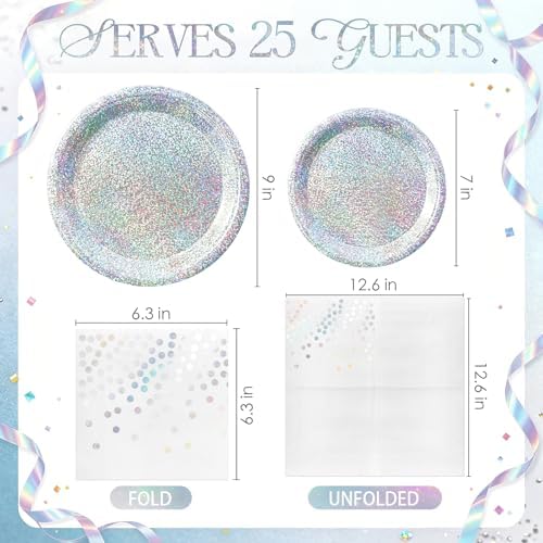 Silver Iridescent Party Plates and Napkins, 75 Pcs Party Decorations Set - Image 2