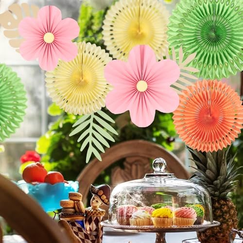 SUNBEAUTY Paper Flowers Pink and Green Party Decorations Hanging Fans Spring Summer Decor for Wall Wedding Backdrop Bridal Shower Birthday - 9Pcs - Image 6