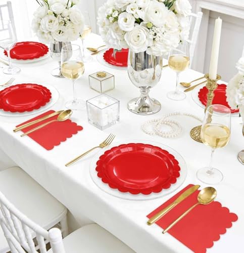 HEIPINIUYE 50 Pcs Red Paper Plates and Napkins Party Supplies Include 7'' Red Scalloped Plates and 6.5'' Paper Napkins Disposable Tableware Set for Dinner Wedding Birthday Party (Serves 25) - Image 6