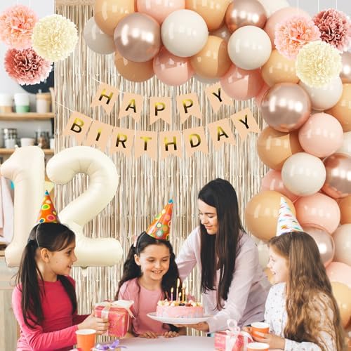 Beige Happy 12th Birthday Party Decoration Girls Cream Number 12 Balloon - Image 6