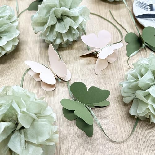 Sage Green Party Decorations Tissue Flowers Pom Pom Olive Green Beige 3D Butterfly Hanging Paper Garland Streamer Banner for Spring Themed Birthday Wedding Shower Tea Party Home Decor Supplies - Image 4