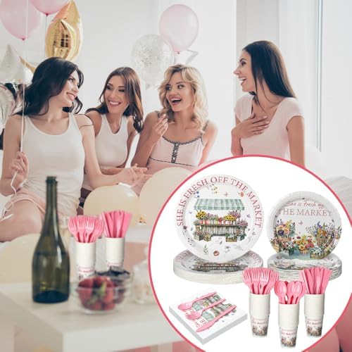 Yungyan 252 Pcs She Is Fresh off the Market Bridal Shower Party Tableware Set Included Plates Napkins Cups Forks Knives Cutlery for Party Decorations Supplies 36 guests - Image 5