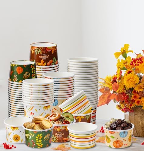 Nihuecne 100 Pcs 9 oz Fall Themed Disposable Dessert Bowls, Thanksgiving Snack Bowls Autumn Themed Paper Disposable Soup Bowls for Hot or Cold Food Autumn Party Supplies - Image 5