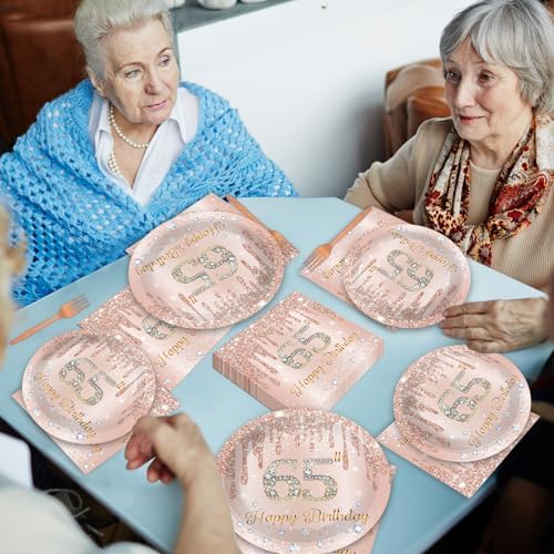 CHUNNIN 96Pcs 65th Birthday Decorations Pink Rose Gold Paper Plates Napkins Forks Set 65 Year Old Tableware Party Supplies Disposable Rose Gold Dinnerware Table Decor Favors for Women Serves 24 - Image 6