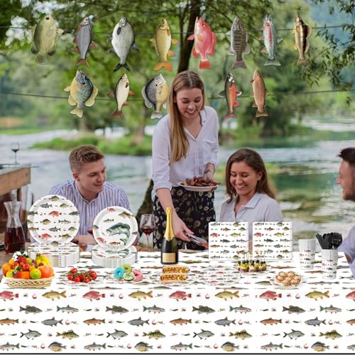 170PCS Fishing Birthday Party Decorations Gone Fishing Party Decorations Include Plates, Cups, Cutlery, Banner, Tablecloth for Ofishally One Birthday Decorations - Image 7