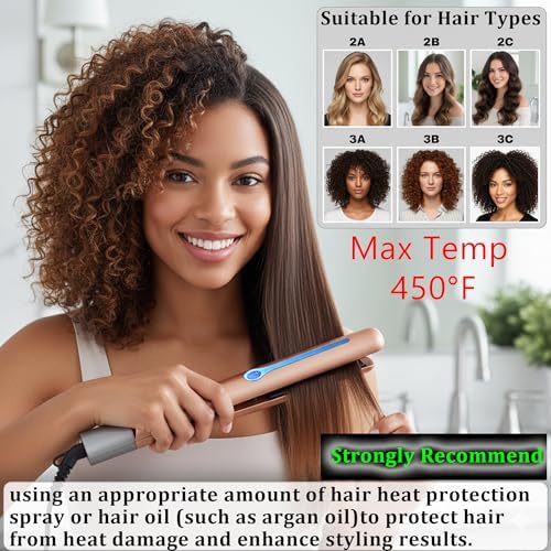 NITION Ceramic Tourmaline Hair Straighteners LCD Flat Iron MCH 10s Fast Heating Up. 1" Smooth 3D Floating Plate Healthy Straightening Tools. Heat-Proof Glove. Dual Voltage Travel. Gold - Image 6