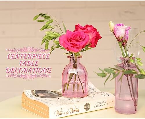 Pink Vase, Bud Vases Set of 12, Small Pink Glass Vases for Flowers Modern Ribbed Glass Bud Vase for Decor Wedding Flower Vase in Bulk Vintage Decor Bridal Shower Centerpieces Home Table Decoration - Image 3