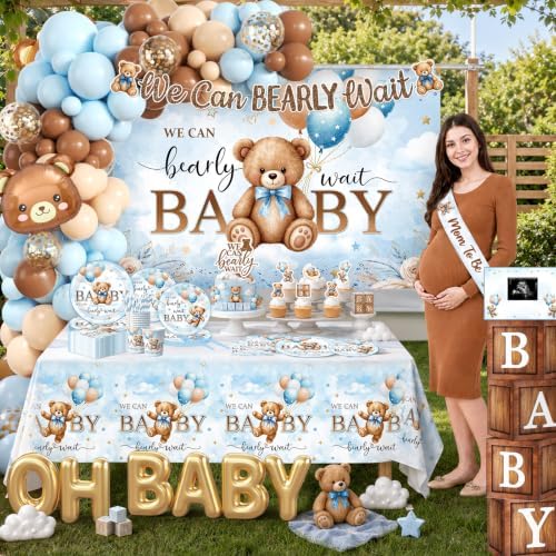 Blue Bear Baby Shower Decorations - 259Pcs Bear Themed Tableware Balloon Arch Kit for Baby Shower Boy - Image 2