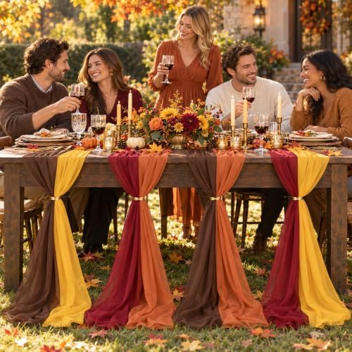 Cinrobiye Fall Table Decorations Set with 8 Pcs Colorful Chiffon Table Runners Artificial Maple Leaves Decorative Ribbon for Thanksgiving Autumn Harvest Wedding Party Home Seasonal Decor - Image 4