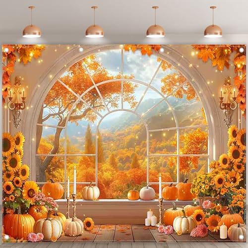 10x8ft Fabric Fall Window Pumpkin Sunflower Photography Backdrop - Image 2