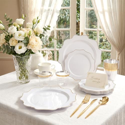 WDF 175Pcs Gold Plates Disposable - White and Gold Plastic Plates 25guest Plastic Dinnerware Ideal for Party/Wedding/Thanksgiving/Fall/Rosh Hashanah - Image 4