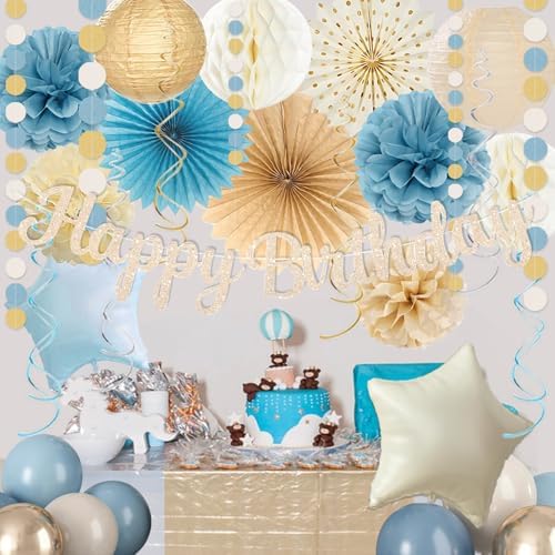 Dusty Blue Beige Champagne Women Birthday Decorations, Boho Neutral Boys Girls Blue Party Décor With Fog Cream Gold Balloons,Happy Banner Garland,Paper Lanterns, Honeycomb Tissue Pom Poms For Adults - Image 5