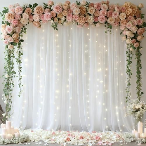 10x10ft White Backdrop Curtain with Lights for Parites, Sheer Tulle Curtain Photo Backdrop Drapes with Fairy Lights for Wedding Ceremony Reception Baby Shower Bridal Shower Birthday Decorations by PartyTalk