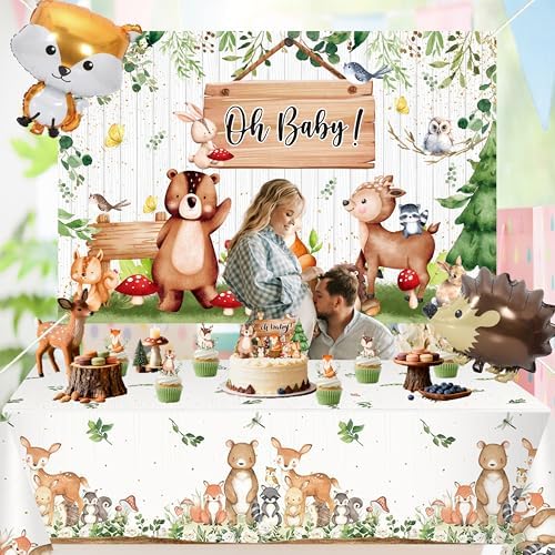 Woodland Baby Shower Decorations Neutral - Forest Animals Party Supplies Include Balloon Garland Arch, Oh Baby Backdrop, 4 Wood Grain Boxes, Fox Deer Raccoon Foil Balloons - Sage Green Gold - Image 4