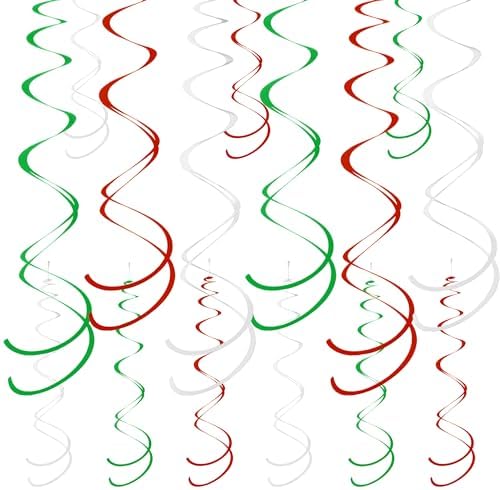 Colorful Ceiling Swirl Foil Decorations Hanging Plastic Streamer Themed Swirl Party for Graduation Celebration, Pack of 28 (Red, Green and Sliver) by Yymobt
