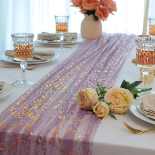 3Pcs Dusty Purple Gold Table Runner Metallic Foil Shimmer Sheer Gauze 10ft - Image 4