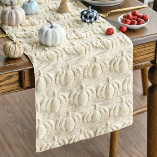 Artoid Mode Beige Soft Faux Fur Pumpkins Fall Table Runner 13x72 Inch by ArtoidMode