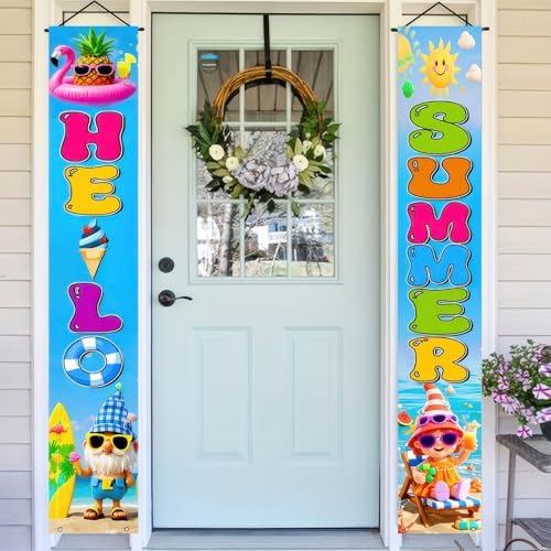 BlissYard 2pcs Welcome Summer Door Banner Hawaiian Gnome Porch Banners Sign Summer Sunshine Beach Front Door Hanging Decor Banner for Seasonal Home Hawaii Tropical Party Outdoor Decorations - Image 2