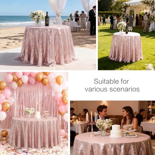 Pufogu 120" Round Rose Gold Sequin Tablecloth Glitter White Table Cloths for Birthday Wedding Bridal Baby Shower Party Decorations - Image 2