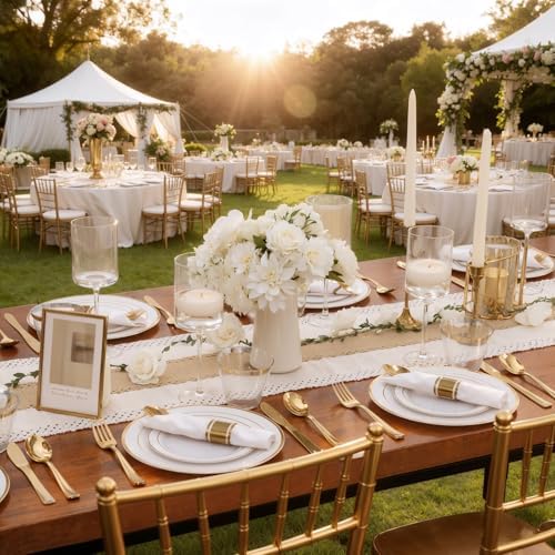 WDF Partyware 350Piece Gold Dinnerware Set for 50 Guests - Gold Plastic Plates with Disposable Cutlery - 50Dinner Plates-50Dessert Plates-50Pre Rolled Napkins with Silverware for Wedding/Thanksgiving - Image 4
