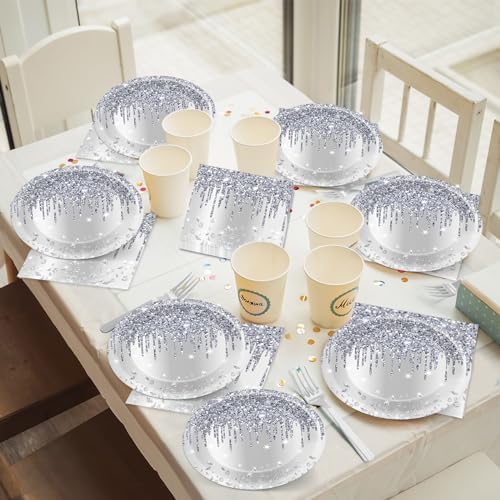 50 Pcs Silver Glitter Disposable Party Plates and Napkins Glitter Diamonds Happy Birthday Party Supplies for 25 Guests Table Decorations for Wedding Silver Birthday Decorations Paper Plates Napkins - Image 5