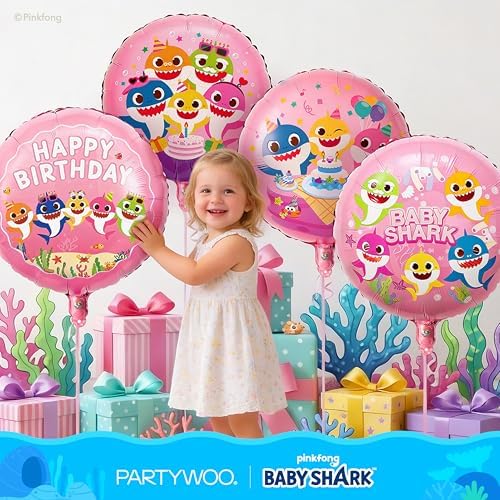 PartyWoo Baby Shark Pink Round Star Mylar Helium Boys Foil Balloons 13pcs - Image 5