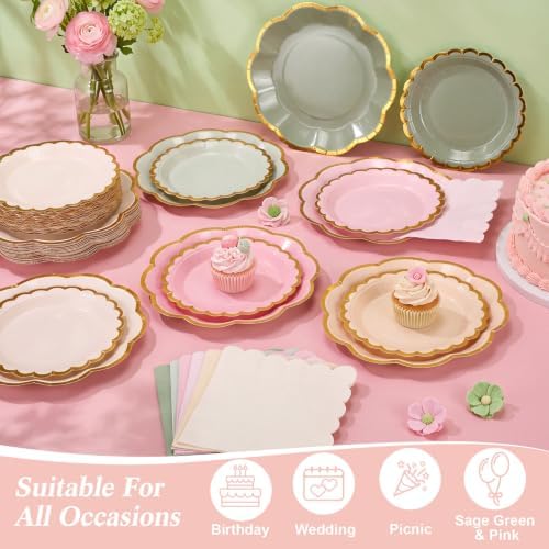 72 Pcs 24 Guests Sage Green and Pink Paper Plates and Napkin Party Supplies - Image 5
