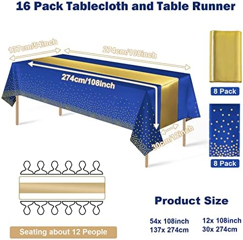 16Pack Disposable Plastic Tablecloths and Satin Table Runner Set Blue and Gold Dot Tablecloth Gold Satin Table Runner for Wedding Birthday Baby Shower Anniversary Christmas New Year Party Decorations - Image 2
