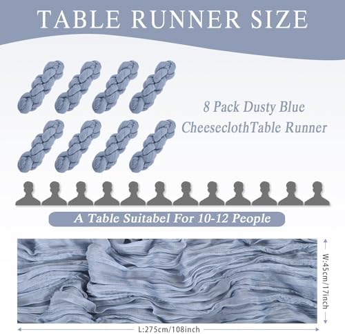 8 Pack Dusty Blue Cheesecloth Table Runner 17x108 inch Boho Gauze Cheese Cloth Table Runners for Wedding Party Baby Bridal Shower Home Decor - Image 2
