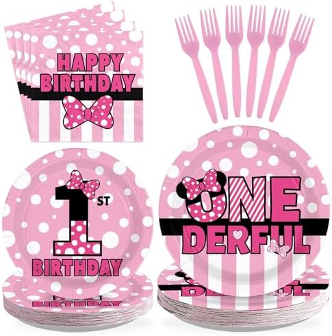 96Pcs Pink Mouse One Year Old Birthday Decorations, Serves 24 by Greencian