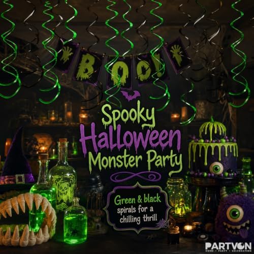 32 PCS Green Black Hanging Swirl Decorations, Sparkle Ceiling Swirls with Plastic Streamers for Graduation, Birthday, Sports Team, Alien Theme Party - Image 2