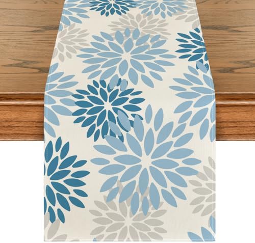 Artoid Mode Light Blue Dahlia Floral Pinnata Summer Table Runner, Seasonal Kitchen Dining Table Decoration for Home Party Decor 13x72 Inch by ArtoidMode