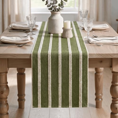 Artoid Mode Army Green Farmhouse Dashed Stripe Table Runner, Seasonal Holiday Boho Rustic Kitchen Dining Table Decoration for Home Party Decor 12x36 Inch - Image 2