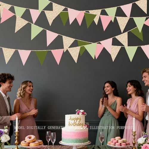 Sage Green Dusty Rose Pink Champagne Gold Pennant Banner Flag Hanging Glitter Paper Triangle Bunting for Jungle Safari Woodland Themed Birthday Wedding Wild Party Decorations Supplies - Image 7