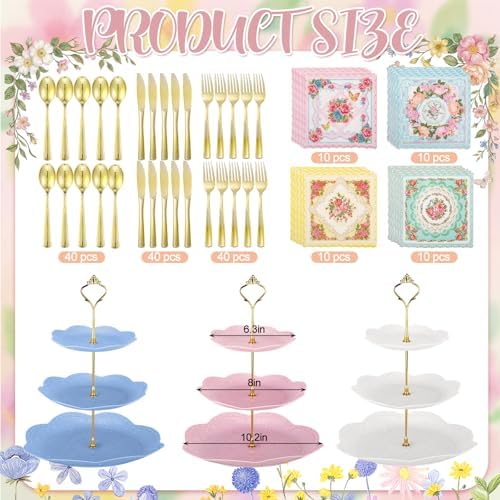Nuogo 244pcs/40set Disposable Tea Party Supplies Vintage Floral Paper Tea Plates Cups Napkin 3 Tier Cake Stand Bunting Banner and Disposable Tableware for Birthday Baby Shower Bridal Wedding, Serve 40 - Image 2