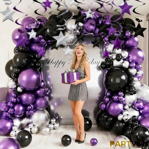 Purple Black Silver Hanging Swirl Decorations - 30 Pcs Metallic Ceiling Swirls with Foil Stars, Plastic Streamers for Graduation, Halloween, Birthday, Wedding, Baby Shower Party Supplies - Image 4