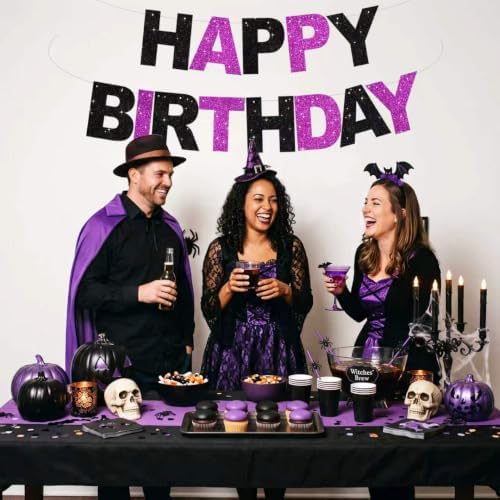 BEISHIDA Pre-Strung Black Purple Happy Birthday Banner Party Sign Decor - Image 6