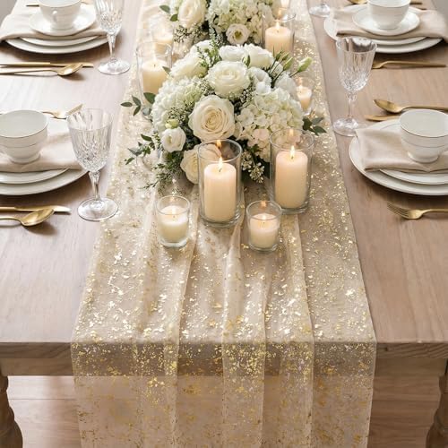 Artoid Mode Gold Gauze Champagne Table Runner 120 Inch 10FT, Glitter Metallic Foil Sheer Dining Wedding Anniversary Holiday Birthday Table Decor for Home Party - Image 5