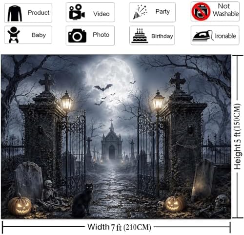 9 x 6 ft Halloween Backdrop Spooky Cemetery Castle Full Moon Pumpkin Black Cat Skeleton Photography Background, Horror Fall Party Decor Photo Booth Props, Kids Birthday Studio Wall Decor Banner - Image 7