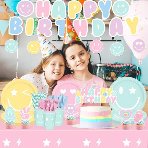 199PCS Smiley Face Birthday Decorations Smile Pastel Themed Preppy Theme Plates and Napkins Set,Balloon, Banner,Tablecloth, Hanging,Cupcake Topper,Smiley Pastel Birthday Party Supplies Serve 24 Guests - Image 7