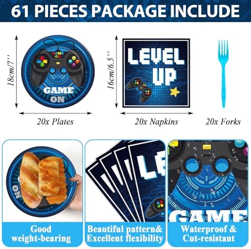 gisgfim Video Game Party Supplies Tableware Set for 20 Guests Gaming Parties Birthday Plates Blue Gamer Party Decorations Includes 7inch Plates, Napkins, Tablecloth - Image 2