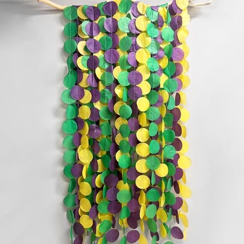 205 Ft Mardi Gras Party Decorations Purple Green Yellow Circle Dot Backdrop Garland Tissue Paper Polka Dots Hanging Streamer for Mardi Gras Birthday Wedding Baby Shower Masquerade Party Supplies - Image 4