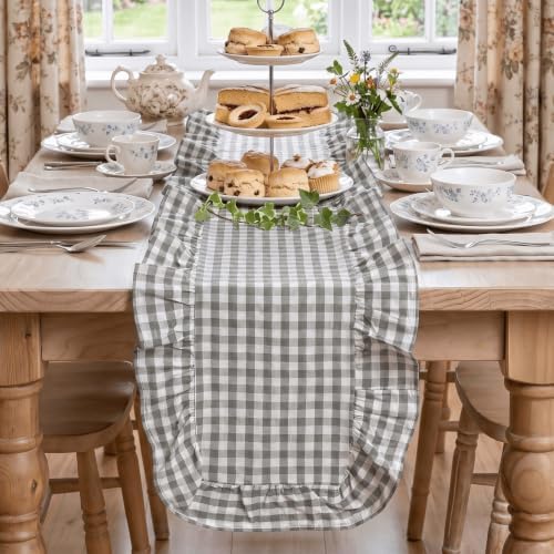Artoid Mode Grey Farmhouse Plaid Gingham Ruffle Table Runner, Seasonal Scalloped Retro Kitchen Dining Table Decoration for Home Party Decor 13x72 Inch - Image 2
