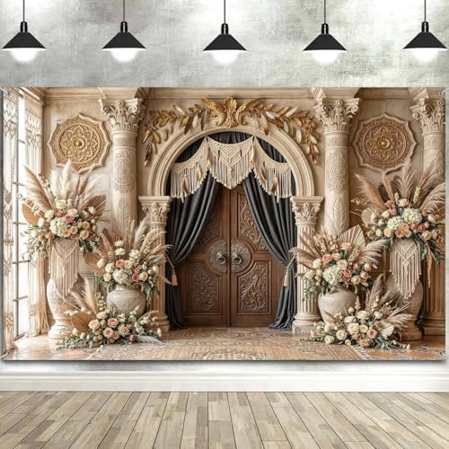 12X10ft Boho Floral Wedding Backdrop Retro Palace Elegant Flowers Background Photography Luxurious Wedding Bridal Shower Party Banner Photo Booth Props Anniversary Backdops - Image 2
