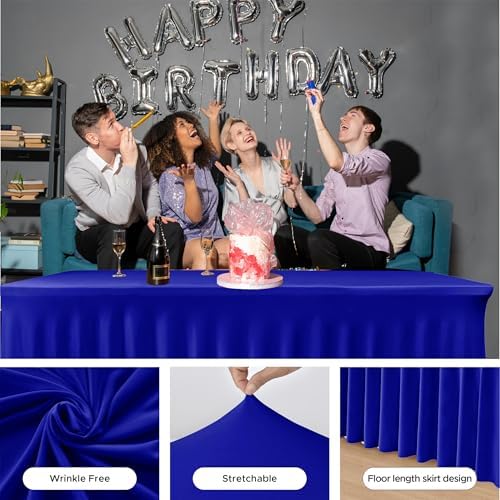 4 Pcs Royal Blue Spandex Table Covers 8ft Rectangle Ruffle Skirts for Party - Image 3