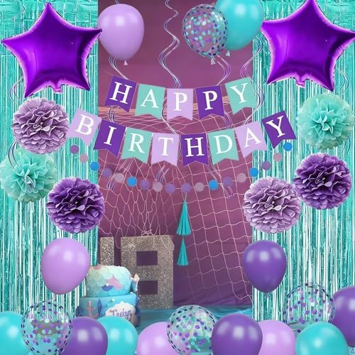 Mermaid Birthday Decorations Purple Teal Blue Party Balloons Happy Birthday Banner Dots Garland Purple Turquoise Green Fringe Curtain Pompom Swirls for Girl Women Baby Shower Party Decoration - Image 3