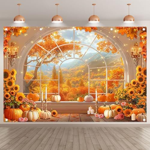 12x8ft Fabric Fall Window Pumpkin Sunflower Photography Backdrop - Image 2